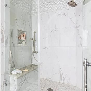 Bathtub Nook with Built In Towel Shelves - Transitional - Bathroom Herringbone Tiles, Marble Shower Tile, Florida Kitchen, Marble Herringbone, Freestanding Tub Filler, Marble Showers, Shower Floor Tile, Patterned Floor Tiles, Transitional Bathroom