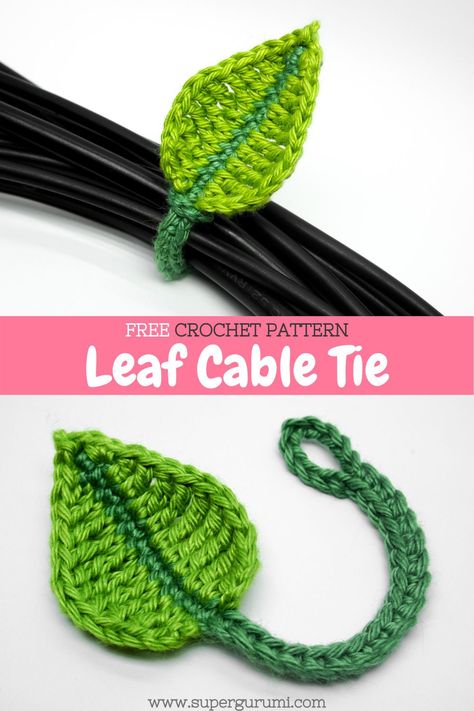 Free Crochet Pattern for the eco-friendly Leaf Cable Tie by Supergurumi. Easy to follow step by step crochet pattern. Get the free pattern on the Website. #amigurumi #crochet #crochetpattern #cabletie #crochetcabletie Crochet Leaf, Crochet Leaf Patterns, Crochet Cord, Crochet Cable, Step By Step Crochet, Crochet Plant, Cardigan Crochet, Crochet Leaves, Crochet Vintage