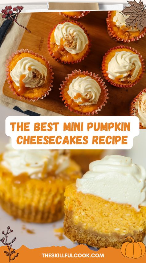 Mini pumpkin cheesecakes with creamy filling, perfect for fall baking and bite-size holiday desserts. Gluten Free Mini Pumpkin Cheesecake, Mini Pumpkin Pie Cheesecake Recipe, Fall Mini Cheesecake Recipes, Mini Pumpkin Cheesecake Recipes, Mini Pumpkin Cheesecake Bites, Mini Pumpkin Pie Cheesecake, Pumpkin Cheescake, Pumpkin Cheesecake Bites, Pumpkin Pie Cheesecake Recipe