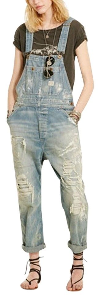 Relaxed Fit Jeans. Free shipping and guaranteed authenticity on Relaxed Fit Jeans at Tradesy. In stores now for $298. Vintage-inspired distressi... Paint Splatter Overalls, Overalls Y2k, Overall Straps, Jean Short Overalls, Strapless Shirt, Chambray Romper, Paint Splatters, Linen Romper, Denim Ideas