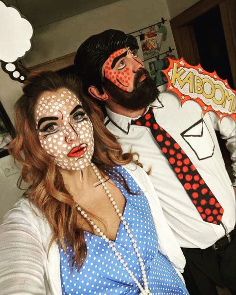 Couples halloween costume Pop Art Halloween Costume, Art Halloween Costume, Pop Art Halloween, Halloween Diy Costumes, Pop Art Costume, Party Halloween Costumes, Cartoon Makeup, Halloween Parejas, Clever Halloween