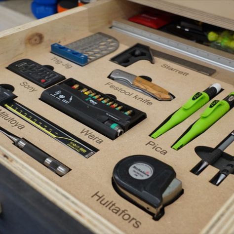 Organization of drawers. I made this with a 20- watt diode laser. Cut 10mm MDF. #hookedonwood #woodworking Small Woodworking Shop, Tool Drawers, Workbench Plans Diy, Garage Furniture, Woodworking Tools Storage, Tool Storage Diy, Wood Sculptures, Tool Box Organization, Industrial Design Furniture