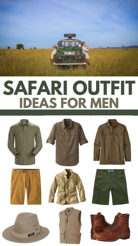 The best safari outfit for Africa. Mens Safari Outfit, Adventure Clothing Men, Safari Outfit Ideas, Safari Clothes, Africa Safari Clothes, Jungle Outfit, Safari Vest, Safari Outfit, Safari Outfits