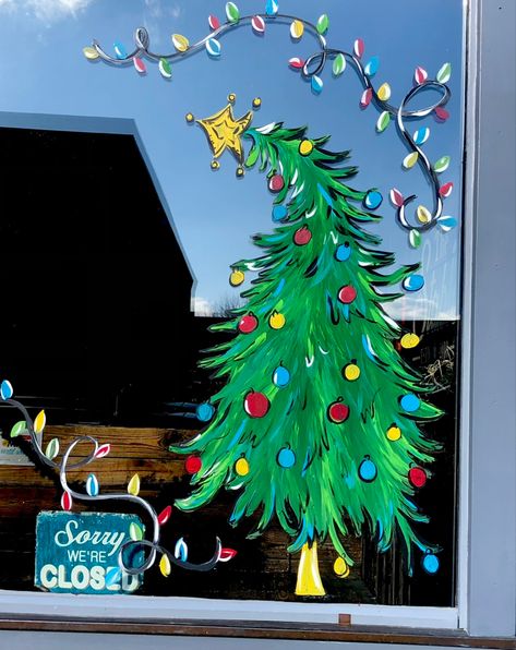 Winter Window Art Preschool, Snowman Peeking In Window, Christmas Painting On Glass Window, Painted Window Christmas, Grinch Window Painting Ideas, Christmas Glass Door Painting Ideas, Happy Holidays Window Painting, Painting Christmas Windows, Christmas Window Painting Grinch