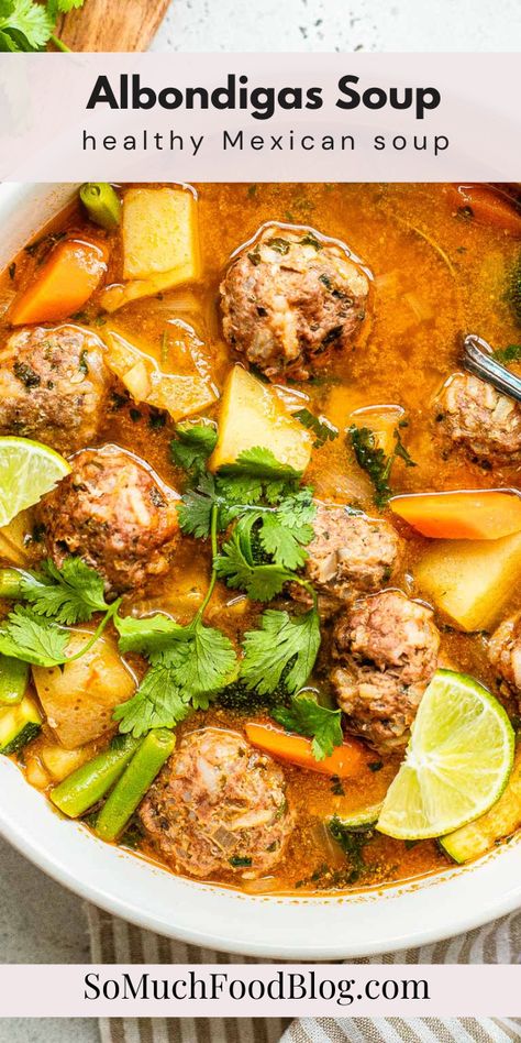 Albondigas Soup is a broth-based traditional Mexican soup loaded with tender beef meatballs and veggies for a hearty and healthy soup recipe. Meatballs And Veggies, Albondigas Soup Recipe Mexican, Albondigas Soup Recipe, October Recipes, Pork Soup Recipes, Mexican Meatball Soup, Healthy Soup Recipe, Albondigas Soup, Oxtail Soup