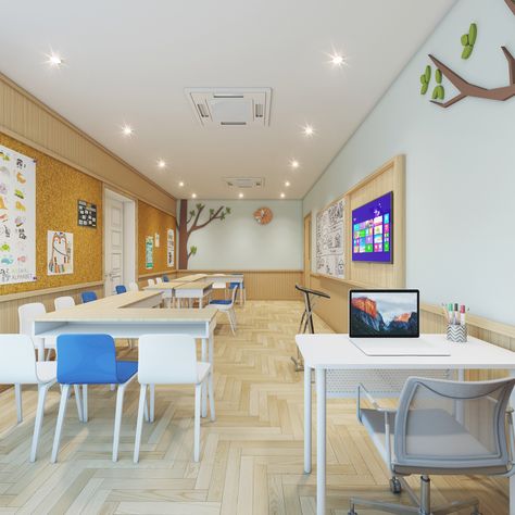 ENGLISH CENTRE FOR KIDS on Behance Tutoring Center Design, English School Design, Education Center Design, Learning Center Design, Preschool Room Layout, Korean Interior Design, Tutoring Center, Cram School, Education Design Interior