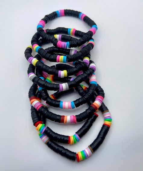 Creative Bracelets Diy, Lgbtq Clay Bead Bracelet, Clay Bead Accessories, Pride Things To Make, Goth Clay Bead Bracelets, Clay Bead Bracelet Ideas Pride, Diy Clay Bracelet Ideas, Lgbtq Bracelet Beads, Grunge Clay Bead Bracelets