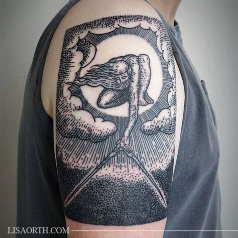 William Blake's "The Ancient of Days setting a Compass to the Earth" woodblock tattoo by Lisa Orth Esoteric Tattoo, William Blake Art, Ancient Of Days, Negative Space Tattoo, Etching Tattoo, Woodcut Tattoo, Engraving Tattoo, Occult Tattoo, Black White Tattoos