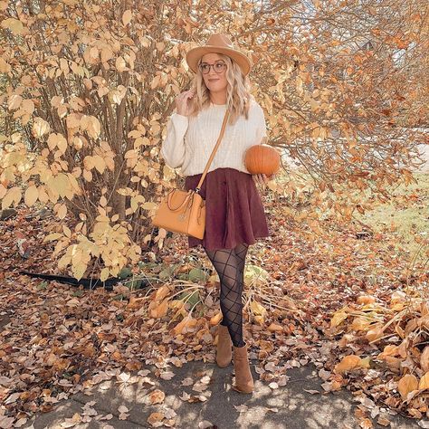 Gorgeous Burgundy Corduroy Skirt, Diamond tights, sweater weather, fall fashion, michael kore bag, fall style Burgundy Corduroy Skirt Outfit, February Outfits, Corduroy Skirt Outfit, Band Tee Outfits, Diamond Tights, Fit And Flare Skirt, Cold Weather Fashion, Corduroy Skirt, Tee Outfit