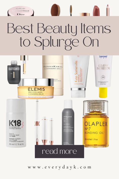 It can be hard to know what beauty items to splurge on. Head to Everyday K to see her favorite beauty items that are worth the money. Elemis Cleansing Balm, Living Proof Dry Shampoo, Donna Karan Cashmere Mist, Best Exfoliators, Cashmere Mist, Skincare Items, Nars Blush, Elemis Pro Collagen, Makeup Lessons