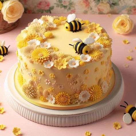 Yellow Cake Ideas, Yellow Vintage Cake, Flower Smash Cake, Cottage Cake, Bee Cake, Roblox Cake, Tiny Cakes, Holiday Inspo, Fun Cakes