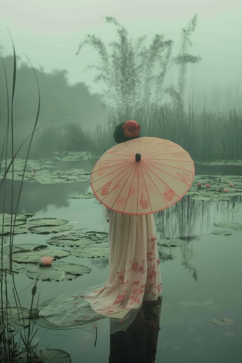 Discover tranquility in this captivating scene of a lone figure gazing over a pond adorned with lily pads and blooming lotus flowers, umbrella in hand. Save for inspiration and follow for more serene sights. #Serenity #LotusPond #UmbrellaArt #AIimage Under The Lily Pads, Lily Pad Reference, Lotus Pond Aesthetic, Lilly Pad Aesthetic, Lily Pads Aesthetic, Lotus Flower Landscape, Pond Mermaid, Lotus Flower Pond, Lotus Field