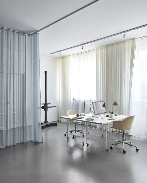 Elevate your workspace with sheer elegance from Pagunette. Our transparent curtains infuse charm and captivate the atmosphere. Photo & location @contactcopenhagen 🥰 Studio Curtains, Room Division, Transparent Curtains, Curtain Tracks, Danish Interior Design, Wave Curtains, Danish Interior, Photography Settings, Interiors Magazine