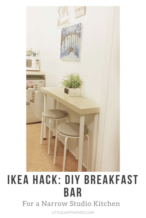 Create a small dining area in your studio with this simple DIY! With these easy steps and materials, you can make your own breakfast bar. Diy Breakfast Bar, Bar Chairs Diy, Breakfast Bar Table, Ikea Bar, Breakfast Bar Chairs, Diy Breakfast, Kitchen Bar Table, Small Dining Area, Narrow Kitchen