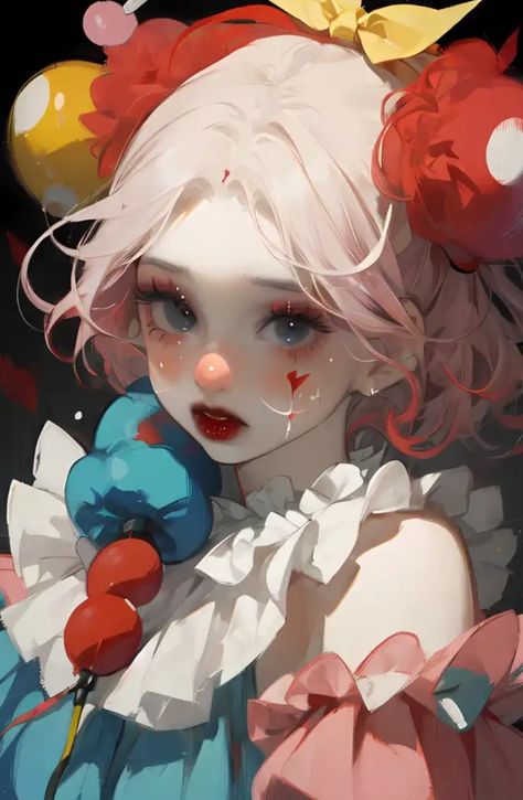 Anime Clown Female, Bluesssatan Art, Clown Girl Art, Clown Girl, Clown Face, Manga Girls, Clown Faces, Digital Portrait Art, Girls Illustration