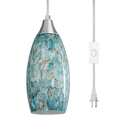 This petite 1-light pendant illuminates your space with a mix of glam materials. The design features a minimalist sconce surrounded by an elegant cylindrical, teardrop shade in swirls of blue and white that artfully filter the ambient glow. It takes one standard bulb, which is sold separately. Plus, it's dimmable for adjusting the brightness to just the right level. | Wade Logan® Arra 1 - Light Single Teardrop Pendant Glass in Blue / Gray | 11.4 H x 3.93 W x 3.93 D in | Wayfair Plug In Pendant Light, House Lighting, Swag Light, Handcrafted Art, Bell Pendant, Kitchen Lighting Fixtures, Hanging Light Fixtures, Ceiling Fan Chandelier, Teardrop Pendant