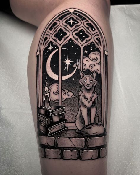 Gothic Window, 16 Tattoo, Traditional Tattoo Inspiration, Bookish Tattoos, Nouveau Tattoo, Medieval Tattoo, Autumn Tattoo, White Gothic, Witch Tattoo