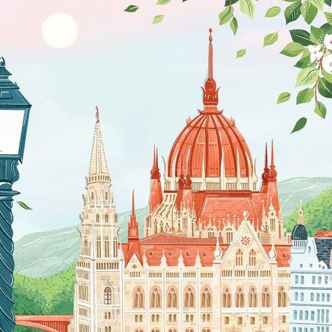 Simply, Katy on Instagram: "Beautiful Budapest 🍃 🎨👩🏻‍🎨 I have packed a few orders for this lovely print this past few weeks, so thought I would share it on here! 🌸  Where should I illustrate next?" Grand Budapest Hotel Illustration, Budapest Illustration, Simply Katy, Budapest Watercolor, Budapest Poster, Budapest Street Art, Budapest Travel, Travel Illustration, Vintage Poster Art