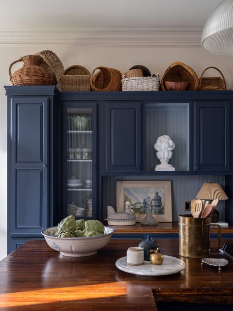 Wait Until You See the Floors in This 1700s Kitchen Budget DIY Makeover (It’s In a Mansion!) - Emily Henderson 1700s Kitchen, Diy Kitchen Paint, Cedar Farmhouse, Kitchen Navy, Kitchen Budget, Diy Painted Floors, Navy Blue Kitchen Cabinets, Antique Kitchen Utensils, Traditional Style Kitchen