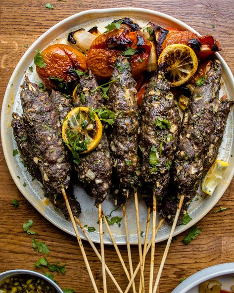 Lamb + Beef Kabobs with Roasted Vegetables — Inspired With A Twist Vegetarian Kofta, Ottolenghi Recipe, Kefta Kabob, Kebab Meat, Lamb Kabobs, Ottolenghi Recipes, Beef Kabobs, Ground Lamb, Greek Dishes