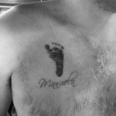 cool simple kids name footprint mens upper chest tattoo Surname Tattoo, Space Arm Tattoo, Kids Name Tattoos, Kids Name Tattoo Ideas, Heartbeat Tattoo With Name, Kids Name Tattoo, Name Tattoos On Arm, Name Tattoo Ideas, Outer Forearm Tattoo