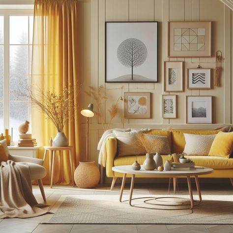 Yellow Living Room Sofas, Yellow Sofa Living Room Ideas, Yellow Living Room Ideas, Yellow Walls Living Room, Scandi Living Room, Yellow Decor Living Room, Yellow Couch, Nordic Interiors, Japandi Living