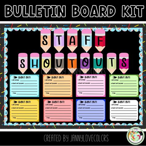 Fun Bulletin Boards For School, Employee Shoutout Board, Coworker Bulletin Board, Incentive Bulletin Boards Ideas, Staff Shout Out Board Good Ideas, Teacher Spotlight Bulletin Boards, School Front Office Bulletin Board Ideas, Shoutout Board Staff, Attendance Office Decor