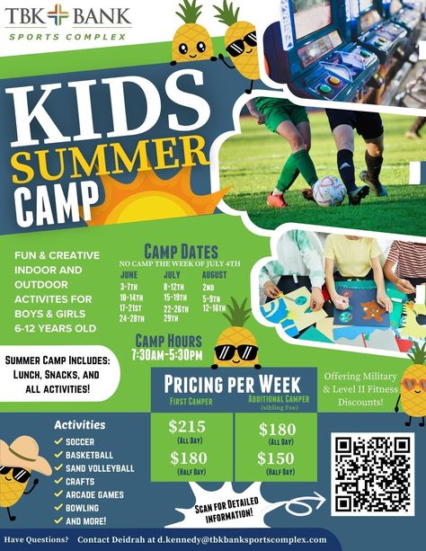 Looking for the perfect summer solution to keep your kids active and entertained? Look no further! Our summer camp at TBK Bank Sports Complex has it all! From June 3rd to August 16th, children aged 6-12 can enjoy a wide range of sports activities including soccer, basketball, sand volleyball, along with crafts, arcade games, bowling, and more! It's the ultimate summer destination for endless fun and excitement! Sports Summer Camp, Summer Camp Sports, Kids Summer Camp, Volleyball Camp, Spring Break Camping, Sand Volleyball, Soccer Camp, Sports Team Banners, Date Activities