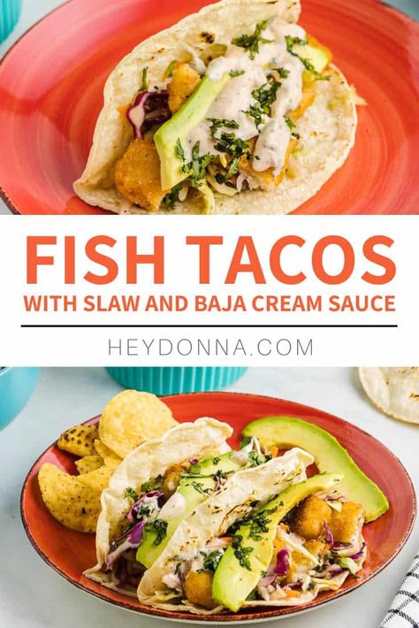 Get ready to spice up your taco night with these amazing Baja fish tacos! Featuring crispy fried fish, fresh slaw, and a tangy cilantro lime crema, these tacos are sure to be a hit with your family and friends. Fish Tacos With Slaw, Fish Stick Tacos, Tacos With Slaw, Baja Tacos, Crispy Fried Fish, Cilantro Lime Crema, Slaw For Fish Tacos, Homemade Slaw, Easy Fish Tacos