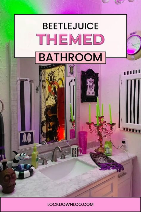 Beetlejuice Themed Bathroom Beetlejuice Bathroom, Beetlejuice Home Decor, Eccentric Aesthetic, Macabre Decor, Never Trust The Living, Beetlejuice Halloween, Themed Bathroom, My Bathroom, Gothic House