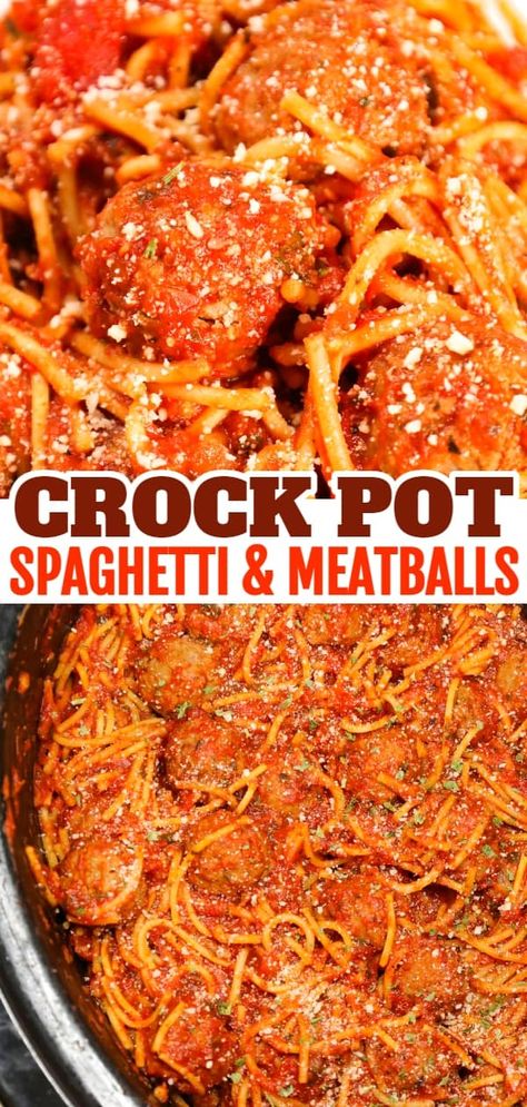 Crock Pot Spaghetti and Meatballs is an easy slow cooker dinner recipe made with frozen meatballs, marinara sauce, spaghetti and spices. Speggetti Meatballs, Crockpot Meatball Pasta Recipes, Crockpot Spaghetti With Frozen Meatballs, Crockpot Spaghetti Recipes Easy, Crockpot Recipes With Marinara Sauce, Comfort Food Dinners Crock Pots, Frozen Meatballs And Spaghetti, Spaghetti And Meatball Recipes Crockpot, Spagetti In Crockpot