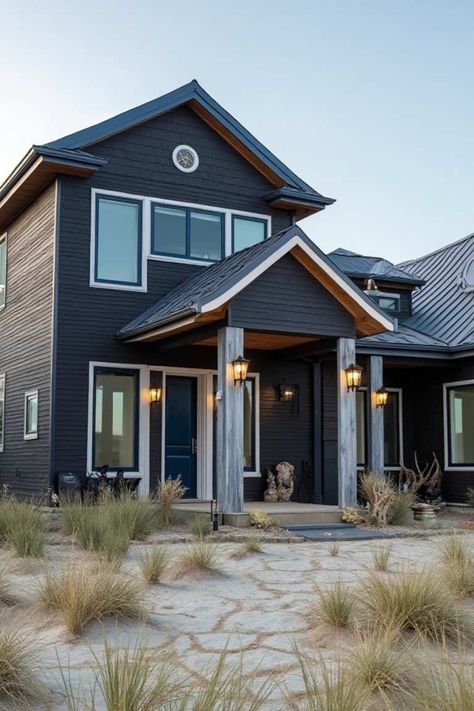 15 Black House Exterior Ideas That Redefine Modern Elegance Dark Houses With Wood Accents, Dark House Light Trim, Black Siding Exterior With Brick, Charcoal Gray House Exterior, Dark Gray Exterior House Colors, Black Exterior House, Modern Black Houses, Dark Grey Siding, Dark House Exterior