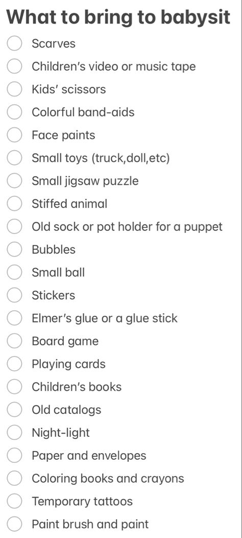 Babysitter Activities Things To Do, Things To Put In Your Babysitting Bag, Cute Babysitting Business Names, What To Bring For Babysitting, First Time Babysitting Tips, What To Do With Kids When Babysitting, Things To Do With The Kids You Babysit, What To Pack In A Babysitting Bag, How To Be The Best Babysitter