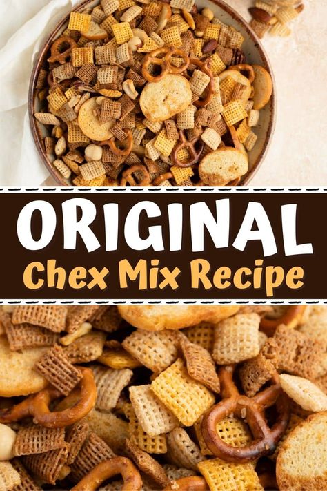 Serve this original Chex Mix recipe at your next party, and everyone will love it! With just 5 ingredients and 15 minutes, you'll have this famous snack ready to go. Original Party Mix Recipe, Chex Party Mix Recipe Originals, Crockpot Check Mix Easy Recipes, Checks Party Mix Recipe, Chex Mix Original Recipe, Chex Mix Crockpot, Original Chex Party Mix Recipe, Original Chex Mix Recipes, Chex Mix Recipes Original Traditional