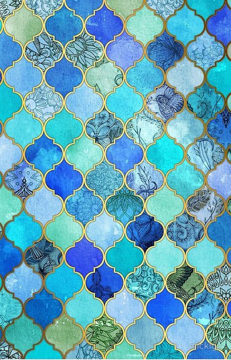 Cobalt Blue, Aqua & Gold Decorative Moroccan Tile Pattern Moroccan Tile Pattern, Moroccan Tiles Pattern, Moroccan Tiles, Moroccan Tile, Tile Pattern, Moroccan Design, Patterned Shower Curtain, Bleu Turquoise, Bright Designs