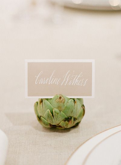 Artichoke to hold place card. Photography by lisalefkowitz.com Design by apartment34.com  View Full Gallery: http://www.stylemepretty.com/gallery/gallery// Diy Name Cards, Card Holder Wedding, Diy Place Cards, Name Card Holder, Wedding Card Holder, Pretty Tables, Name Card, Wedding Seating, Dreamy Wedding