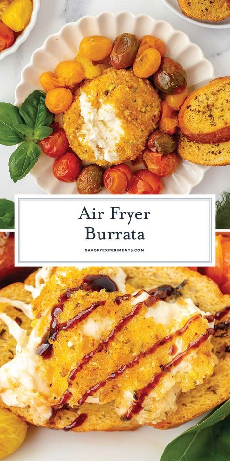 With a crispy breadcrumb and pistachio breading and ooey-gooey inside, this Air Fryer Burrata is going to be your new favorite appetizer! Fried Burrata Air Fryer, Air Fryer Burrata, Pistachio Bread, Fried Cheese Curds, Breakfast Burger, Cheesy Recipes, Ooey Gooey, Favorite Appetizers, Food Group