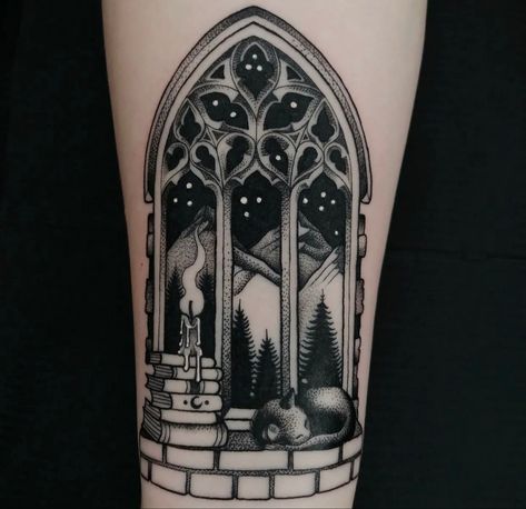 Spooky Mirror Tattoo, Fantasy Window Tattoo, Gothic Literature Tattoo, Arched Window Tattoo, Dark Academia Tattoo Sleeve, Castle Window Tattoo, Garden Gate Tattoo, Gothic Arch Tattoo, Cat Window Tattoo