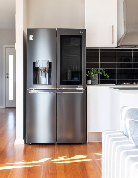 Review: LG French Door fridge with InstaView Door-in-Door Tiles Kitchen Island, Tiles Splashback, Modern Fridge, Lg Fridge, Renovation Ideas Kitchen, Lg French Door Refrigerator, Fridge Design, French Door Fridge, Bench Kitchen