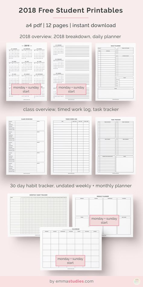 2018 Free Student and Calendar PrintablesWith the new year approaching, I’ve decided to make a 12 page pack of free printables including a 2018 yearly overview and monthly breakdown! The pack comes in Monday and Sunday start options so you can pick... College Templates, Student Printables, College Printables, How To Take Notes, Free Printable Planner, Gratis Printables, Student Planner Printable, College Planner, Homeschool Organization