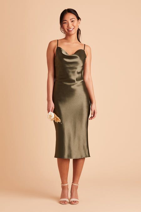 Green Satin Dresses, Slip Bridesmaids Dresses, Olive Bridesmaid Dresses, Taupe Bridesmaid, Olive Green Midi Dress, Olive Green Bridesmaid Dresses, Taupe Bridesmaid Dresses, Cowl Neck Midi Dress, Sage Green Bridesmaid Dress