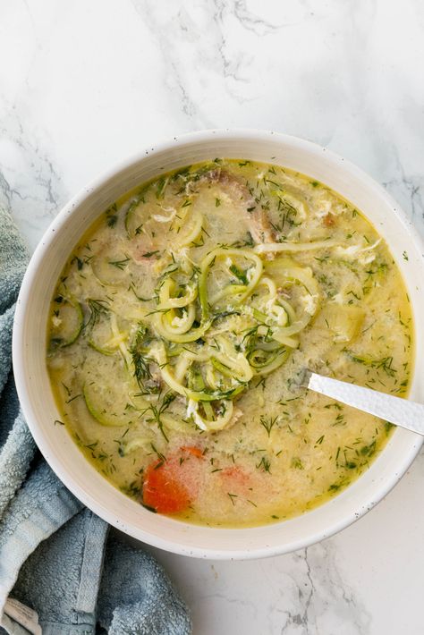 Inspiralized: Greek Chicken Zoodle Soup with Dill Dill Eggs, Greek Lemon Soup, Soup With Egg, Carrots Chicken, Zoodle Soup, Chicken Zoodle, Fodmap Chicken, Fennel Bulb, Chicken Zoodle Soup