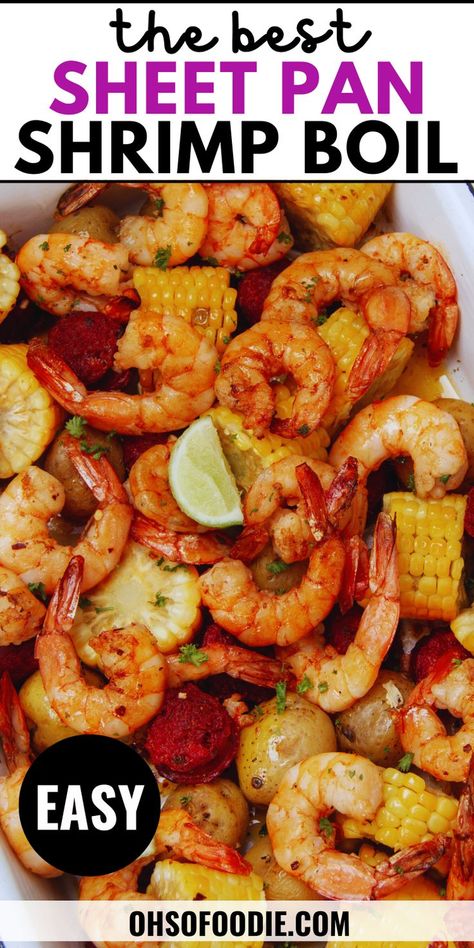 Text reads The Best Sheet Pan Shrimp Boil Recipe Oven Bake Seafood Boil, Easy Oven Shrimp Recipes, Mr And Mrs Crab Seafood Boil, Shrimp Boil Sheet Pan Dinner, Sausage Shrimp Boil, Shrimp Boil On Stove Top, Seafood Boil Sheet Pan, Seafood Oven Boil, Easy Shrimp Boil Recipe In Oven