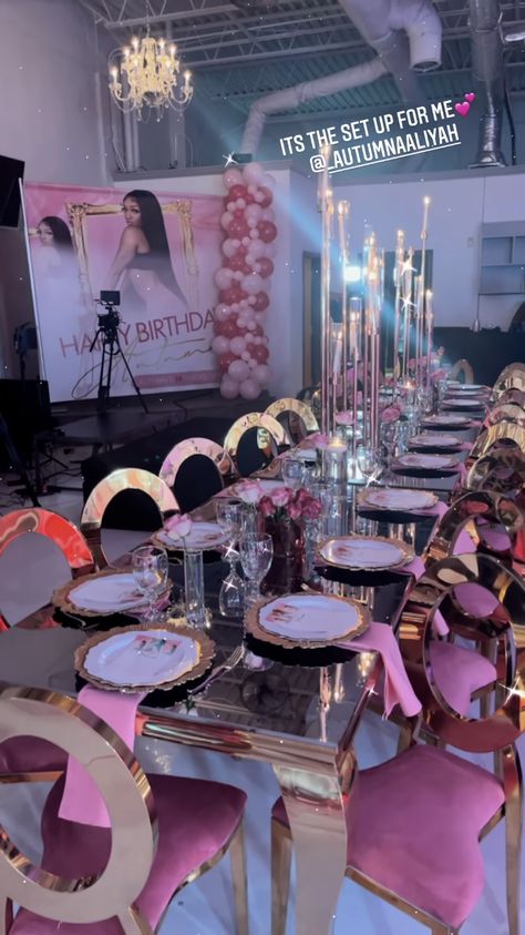 Banquet Hall Birthday Party, 21 Birthday Dinner Ideas Table Settings, Caresha Please Party, Birthday Venue Ideas Sweet 16, Caresha Please Theme Party, 21st Birthday Brunch Ideas, 21st Birthday Dinner Ideas, Birthday Venue Decoration, Pink Adult Birthday Party