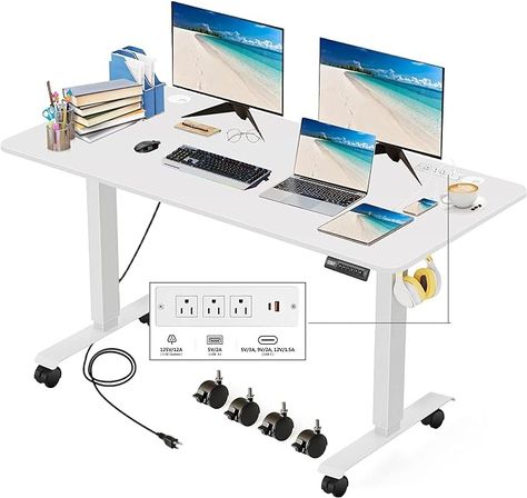 Amazon.com: KORGOL Electric Standing Desk 55 x 24 Inches Adjustable Height Sit Stand Up Desk for Home Office Computer Workstation with 2 USB Ports 3 AC Power Outlets Memory Preset and Wheels, White : Office Products Standing Work Station, Standing Desk Height, Adjustable Computer Desk, Electric Desk, Cable Tray, Electric Standing Desk, Computer Workstation, Adjustable Height Standing Desk, Desk Height