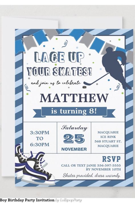 Ice Hockey Skating Boy Birthday Party Invitation Lollipop Party, Boy Birthday Invitations, Boy Birthday Party, Happy Cat, Ice Hockey, Ice Skating, Birthday Party Invitations, Lollipop, Boy Birthday