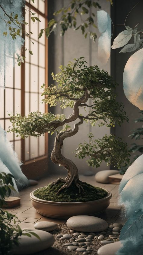 Immerse yourself in tranquility with this stunning bonsai tree wallpaper. Featuring soft, diffused lighting, delicate leaves, and twisted branches, this design evokes a peaceful indoor scene. Surrounded by elements of Japanese Zen gardens and soft watercolor textures, it blends natural elegance with modern abstract art. Perfect for mindfulness and inspiration. Keywords: bonsai tree, wallpaper, Zen garden, nature, tranquility, mindfulness. Bonsai Tree Zen Garden, Bonsai Tree Wallpaper, Bonsai Wallpaper, Blue And Orange Living Room, Twisted Branches, Zen Wallpaper, Diffused Lighting, Watercolor Textures, Japanese Zen Garden