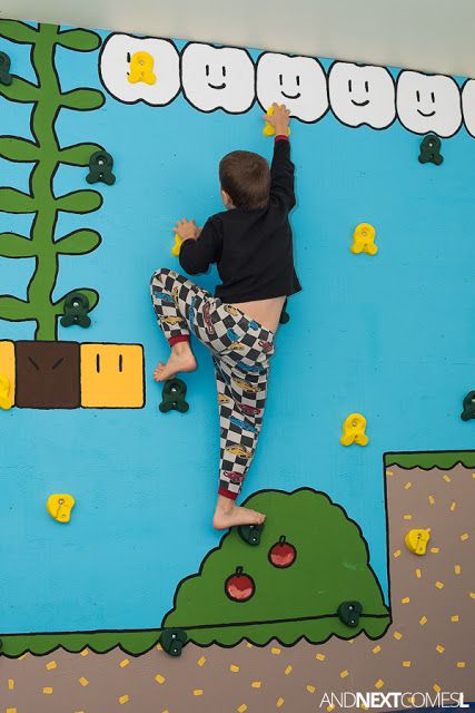 Find out how to build a climbing wall indoors for kids with this DIY Super Mario themed climbing wall tutorial Diy Climbing Wall For Kids, Mario Room Ideas Boys, Rock Climbing Wall For Kids, Super Mario Diy, Climbing Wall For Kids, Mario Diy, Super Mario Room, Diy Climbing Wall, Climbing Wall Kids