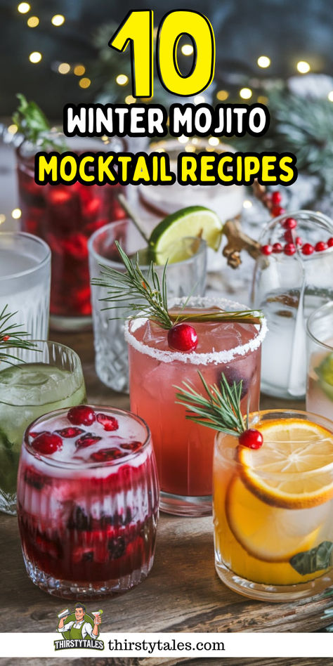 "Discover 10 delightful Winter Mojito Mocktail Recipes to cozy up your  holidays! These refreshing non-alcoholic cocktails are perfect for festive  gatherings and make ideal holiday drinks. Explore our cozy beverage ideas  that will warm your spirits and impress your guests. Enjoy these festive  refreshments that capture the essence of winter while keeping it  alcohol-free. Perfect for anyone seeking delicious winter mocktails!" Alcohol Free Mojito, Christmas Mojito Mocktail, Mojito Mocktail Non Alcoholic, Mojito Variations, Holiday Mocktail Recipes, Drinks Alcohol Free, Cocktail Non Alcoholic, Winter Mocktails Non Alcoholic, Winter Mojito