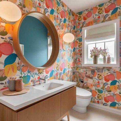 15+ Amazing Mid-Century Bathroom Design Ideas for a Retro Touch • 333+ Art Images Retro Chic Bathroom, Mid Century Modern Patterns Geometric, Wall Cladding Designs, Mid Century Beach, Bohemian Deco, Peach Bathroom, Modern Pattern Geometric, Tile Accent Wall, Bold Tile